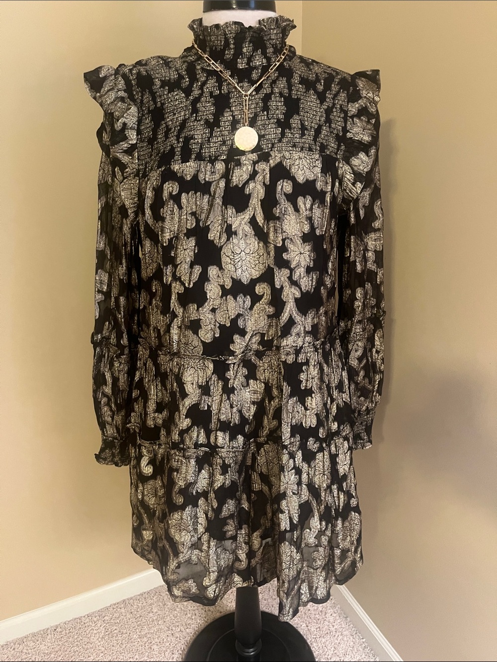 Black and Gold metallic  Floral Ruffle Tiered Dress